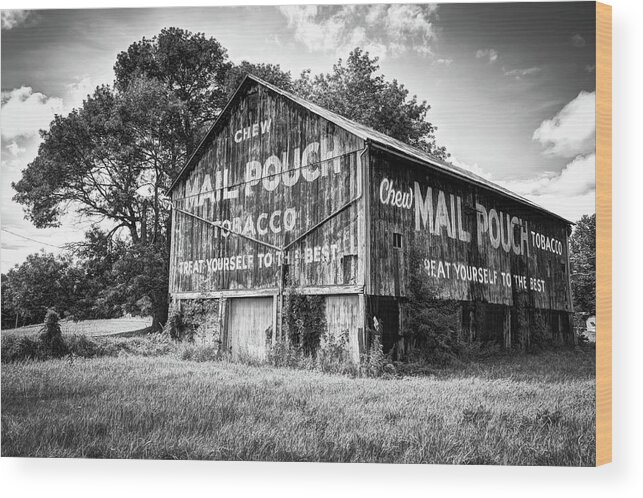 America Wood Print featuring the photograph Vintage Mail Pouch Tobacco Barn - Black and White Edition by Gregory Ballos