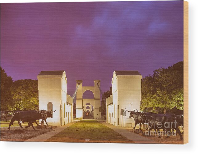 Downtown Wood Print featuring the photograph Vintage Photograph of the Waco Suspension Bridge and Chisholm Trail at Dawn - Downtown Waco - Texas by Silvio Ligutti