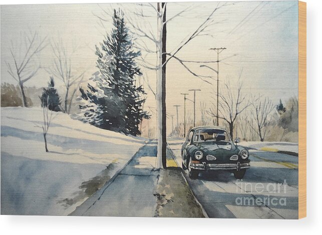 Volkswagen Wood Print featuring the painting Volkswagen Karmann Ghia on snowy road by Christopher Shellhammer