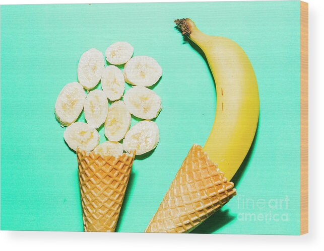 Summer Wood Print featuring the photograph Waffle cones with fresh banana by Jorgo Photography