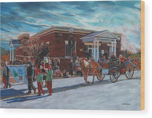 Wake Forest Wood Print featuring the painting Wake Forest Christmas Parade by Tommy Midyette
