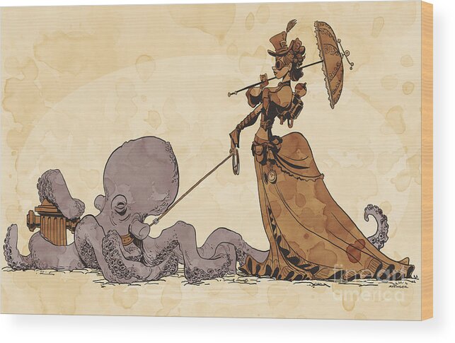 Steampunk Pets Octopus Wood Print featuring the digital art Walkies for Otto by Brian Kesinger