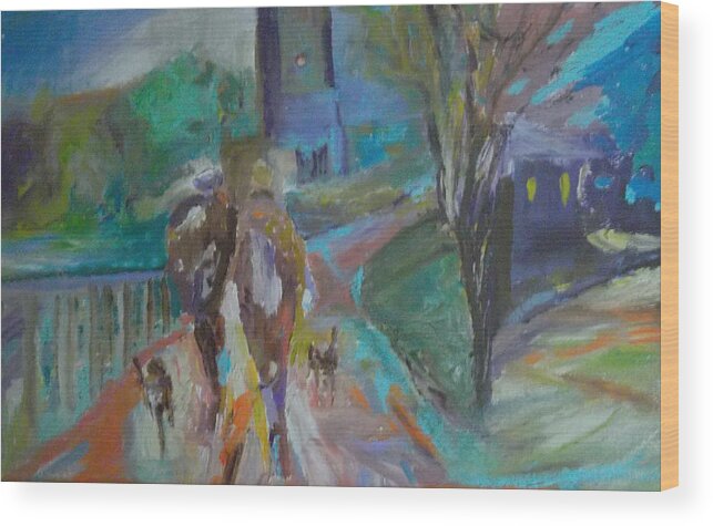 Cityscape Wood Print featuring the painting Walkin the Dogs by Susan Esbensen