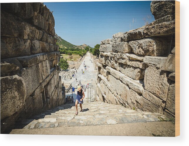 Turkey Wood Print featuring the photograph Walking Up the Stairs in Ephesus by Anthony Doudt