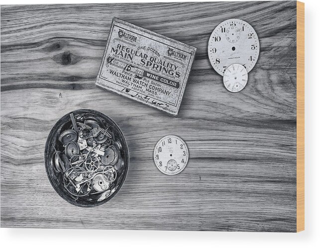 Clock Wood Print featuring the photograph Watch Parts on Wood Still Life by Tom Mc Nemar