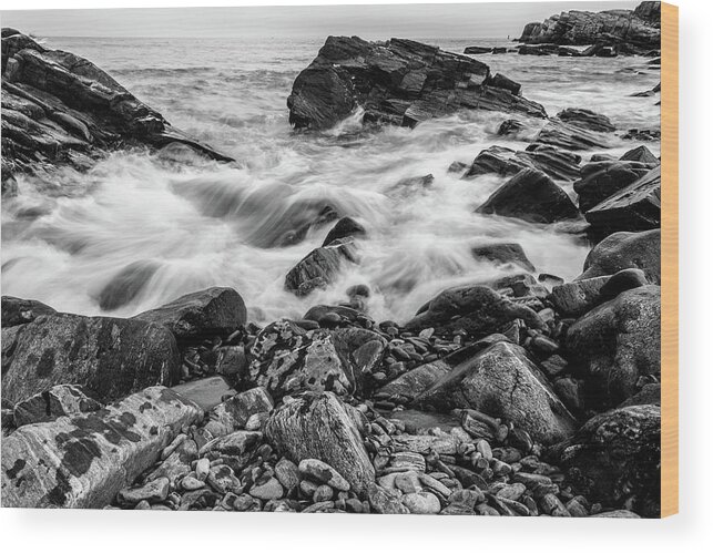 Black And White Wood Print featuring the photograph Waves Against a Rocky Shore in BW by Doug Camara