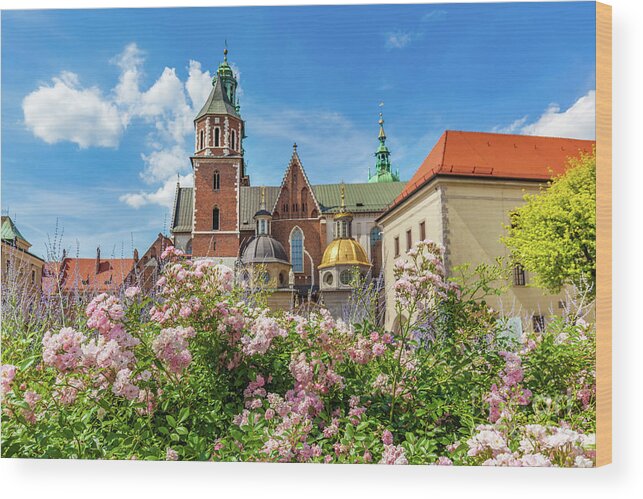 Cracow Wood Print featuring the photograph Wawel Cathedral, Cracow, Poland. View from courtyard with flowers. by Michal Bednarek