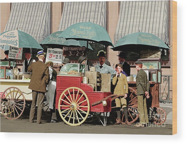 Wingsdomain Wood Print featuring the photograph Wear Youngs Hats At Frankfurter Hot Dog Stands 3 Cents Each 20170707 v2 colorized by Wingsdomain Art and Photography