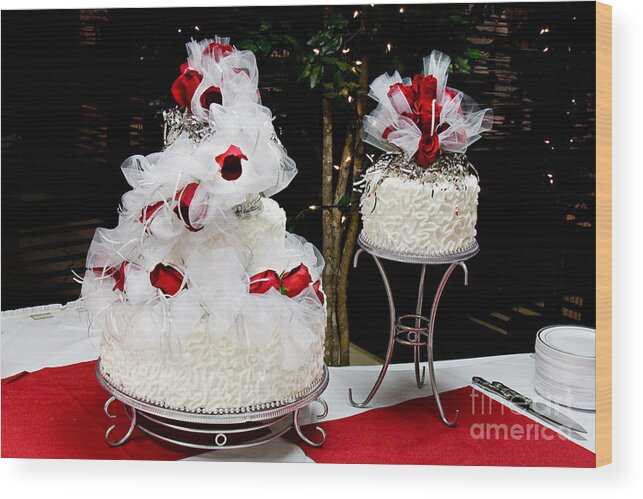 Cake Wood Print featuring the photograph Wedding Cake And Red Roses by Andee Design