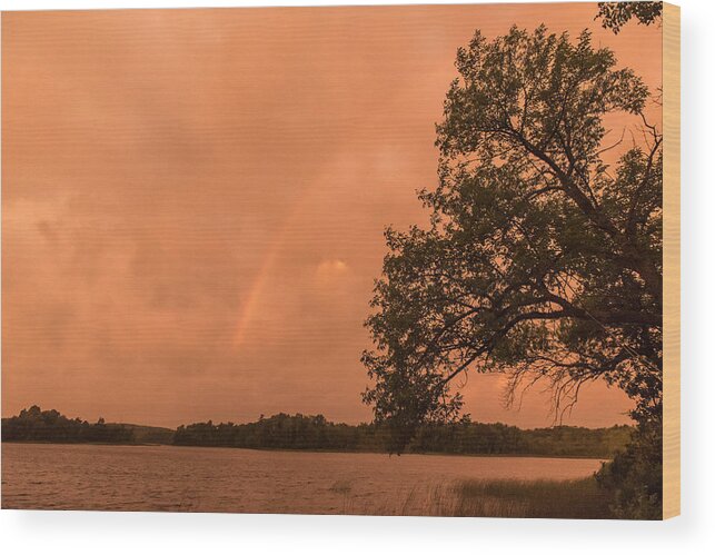 Orange Dawn Wood Print featuring the photograph Strange orange sunrise with rainbow by Gary Eason