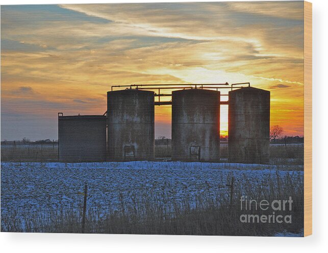 Snow Wood Print featuring the photograph Wellsite Sunset by Anjanette Douglas