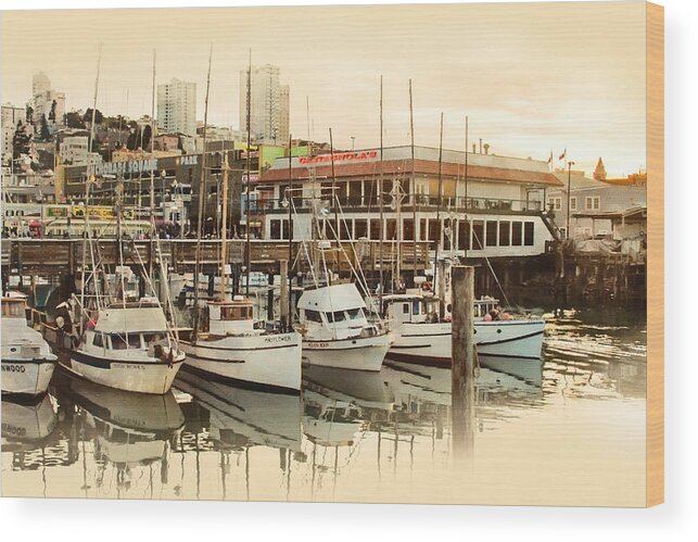 Wharf Boats Near End Of Day Wood Print featuring the photograph Wharf Boats Near End of Day by Bonnie Follett