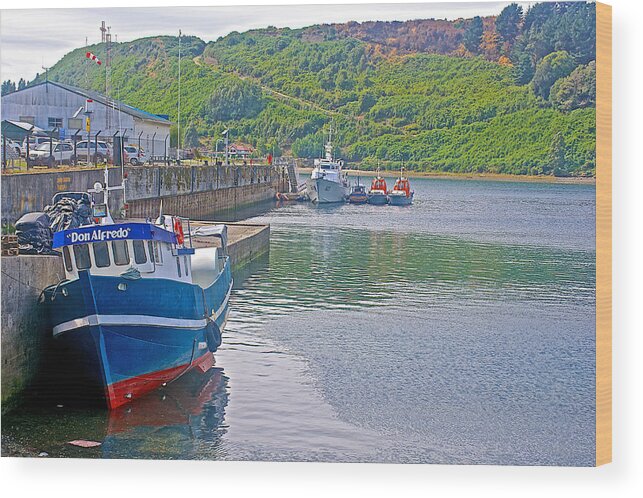 Wharf Near In Angelo Fish Market In Puerto Montt Wood Print featuring the photograph Wharf near Angelmo Fish Market in Puerto Montt-Chile by Ruth Hager