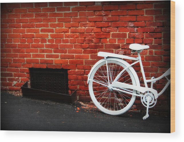 Bike Wood Print featuring the photograph White Bike on Red Brick by Susie Weaver
