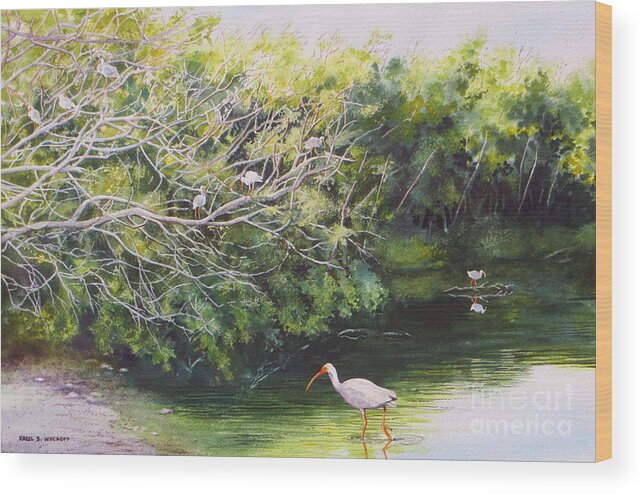 Bushes Wood Print featuring the painting White Ibis Haven by Karol Wyckoff