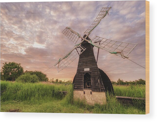 Cloud Wood Print featuring the photograph Wicken wind-pump at sunset ii by James Billings