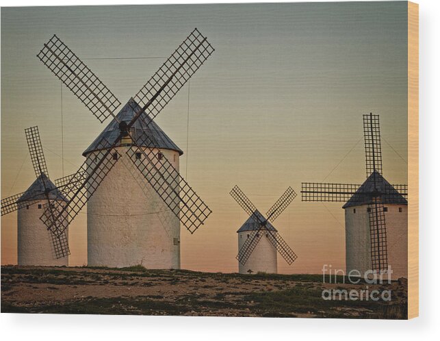 Windmills Wood Print featuring the photograph Windmills in golden light by Heiko Koehrer-Wagner