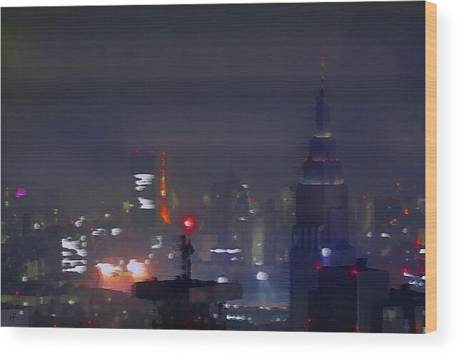 Abstract Wood Print featuring the mixed media Windy Night City Lights Abstract by Shelli Fitzpatrick