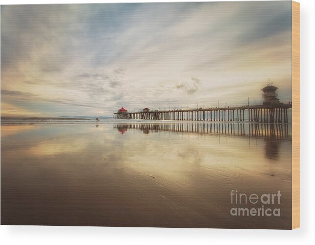 Huntington Beach Pier; California; Reflections; Low Tide; Wet; Horizontal; Pier Wood Print featuring the photograph Winter at Huntington Beach Pier by Susan Gary