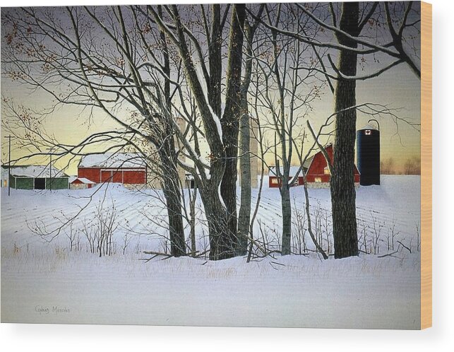 Rural Wood Print featuring the painting Winter Evening on the Farm by Conrad Mieschke