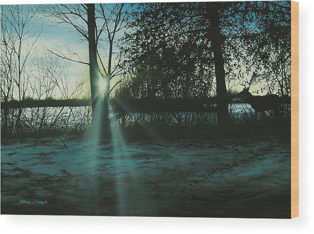 Deer Wood Print featuring the painting Winter's Evening Scout by Anthony J Padgett