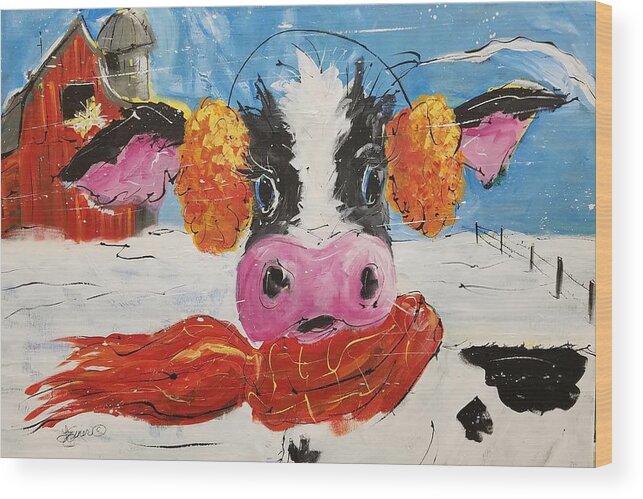 Cow Wood Print featuring the painting Wis-cow-sin Winter by Terri Einer