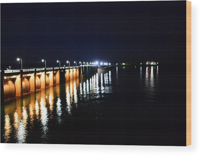 Nighttime Wood Print featuring the photograph Wolf Creek Dam Nightlights Reflection by Stacie Siemsen