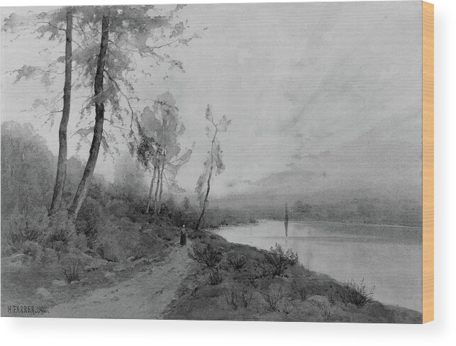 Woman Walking Beside A River Wood Print featuring the painting Woman Walking beside a River by Henry Farrer