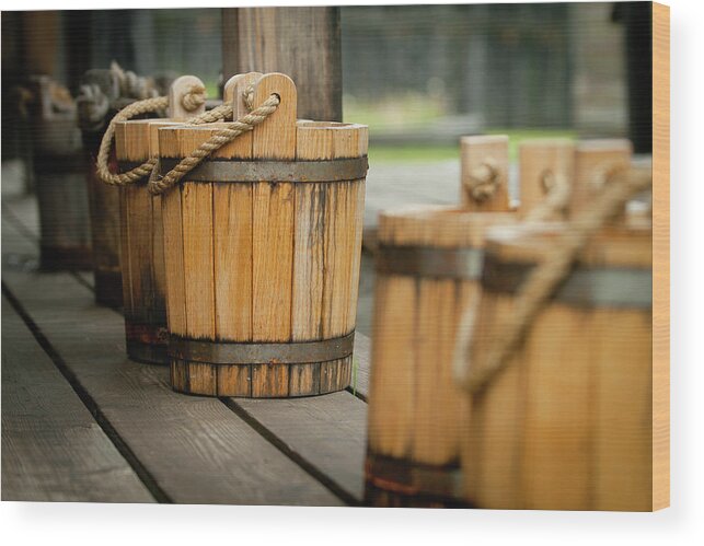 Wooden Bucket Wood Print featuring the photograph Wooden Buckets by Rich S