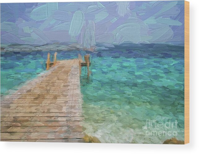 Boat Wood Print featuring the digital art Wooden jetty and boat by Patricia Hofmeester