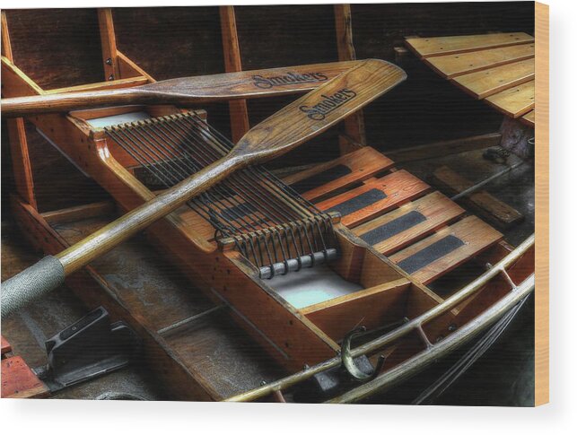 Wooden Rowboat Wood Print featuring the photograph Wooden Rowboat And Oars by Carol Montoya
