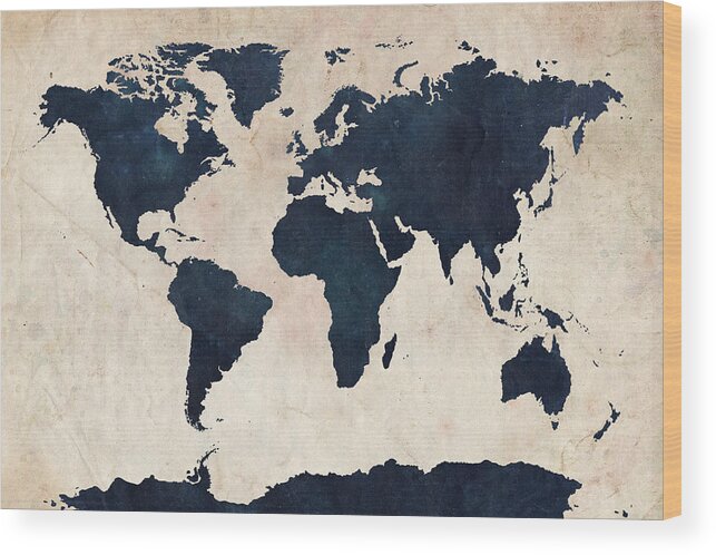 Map Of The World Wood Print featuring the digital art World Map Distressed Navy by Michael Tompsett