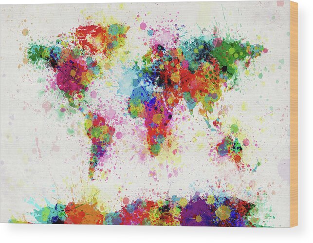 World Map Paint Splashes Wood Print featuring the digital art World Map Paint Drop by Michael Tompsett