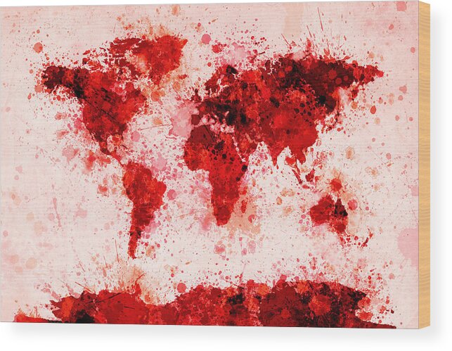 Map Of The World Wood Print featuring the digital art World Map Paint Splashes Red by Michael Tompsett