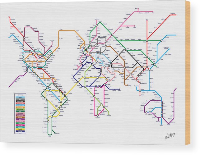 World Map Wood Print featuring the digital art World Metro Tube Subway Map by Michael Tompsett