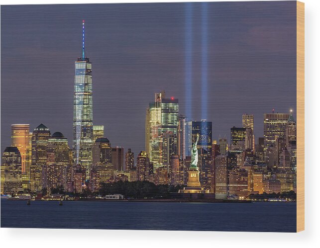 September 11 Wood Print featuring the photograph World Trade Center WTC Tribute In Light Memorial by Susan Candelario