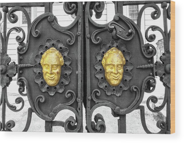 Gold Cherubs Wood Print featuring the photograph Wrought Iron Gate with Baroque Grinning Gold Cherubs by Menega Sabidussi