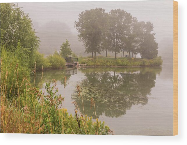 Island Wood Print featuring the photograph Misty Pond Bridge Reflection #5 by Patti Deters