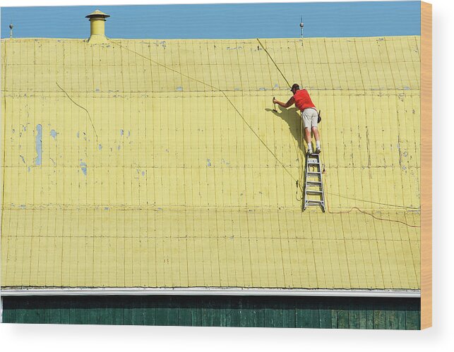 Yellow Wood Print featuring the photograph Yellow Barn Roof Workers-7 by Steve Somerville