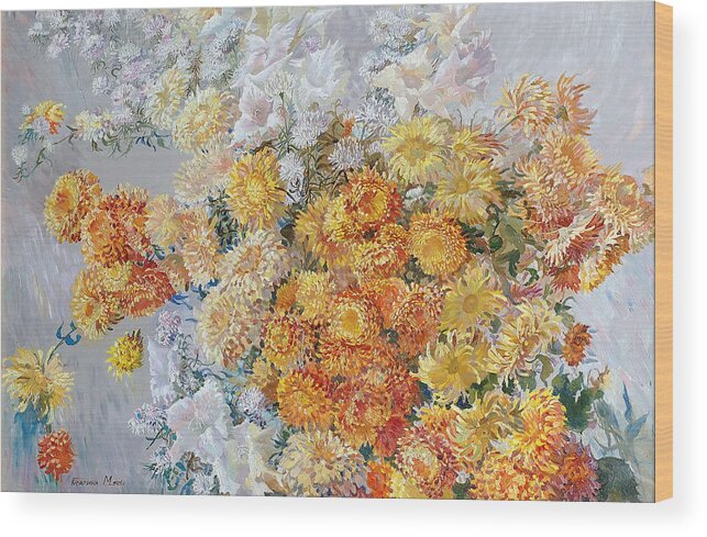 Maya Gusarina Wood Print featuring the painting Yellow Chrysanthemum by Maya Gusarina