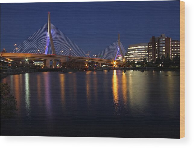 Boston Wood Print featuring the photograph Zakim Bridge Lit Up Blue by Juergen Roth