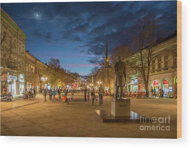 Art Photography Wood Print featuring the photograph Zmaj Jovina street in moonlight by Jivko Nakev