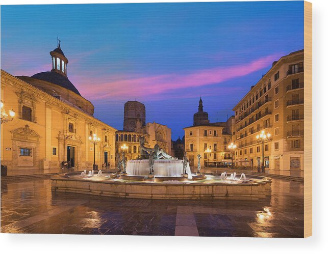 Landscape Wood Print featuring the photograph Fountain Rio Turia On Square #1 by Prasit Rodphan