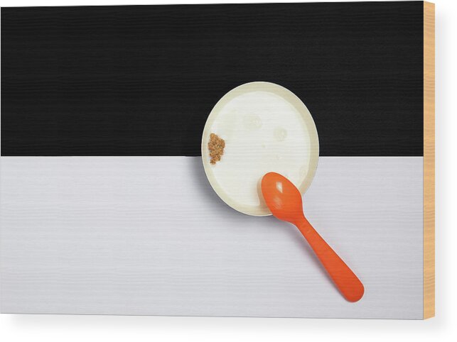 Restaurant Wood Print featuring the photograph Healthy breakfast with Ceramic bowl filled with milk and a piece #1 by Michalakis Ppalis