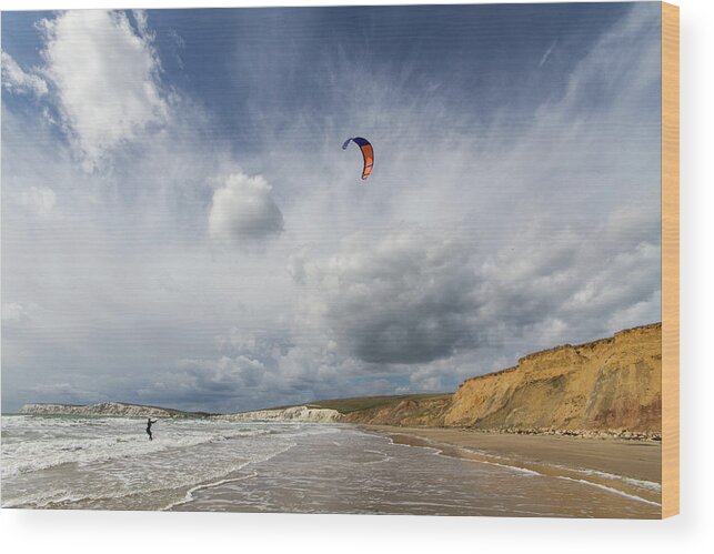 Scenics Wood Print featuring the photograph Kitesurfing At Compton Bay, Isle Of #1 by S0ulsurfing - Jason Swain