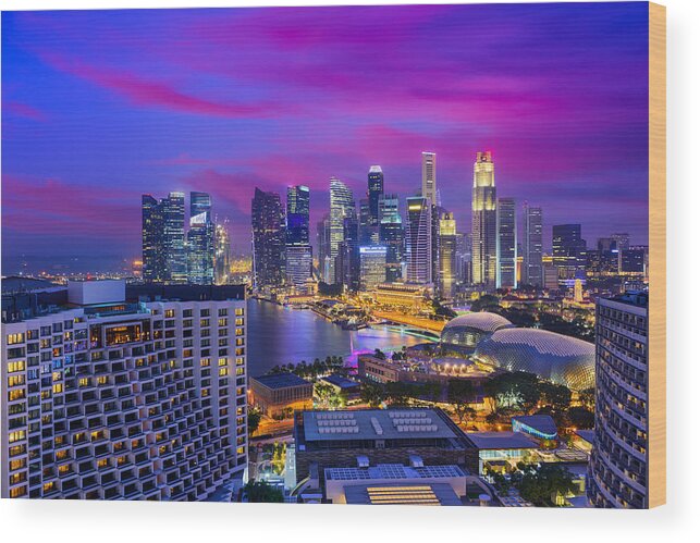 Cityscape Wood Print featuring the photograph Singapore Financial District Skyline #1 by Sean Pavone