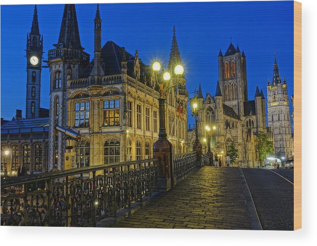 Ghent Wood Print featuring the photograph St. Michael's Bridge at Blue Hour by Patricia Caron