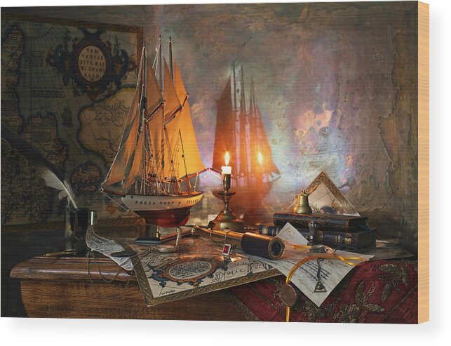 Art Wood Print featuring the photograph Still Life With A Sailboat And A Mercator Map #1 by Andrey Morozov