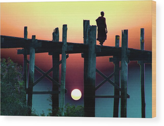 Scenics Wood Print featuring the photograph Sunset Over The U Bein Foot Bridge #1 by Claude Letien