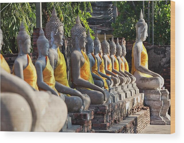 Estock Wood Print featuring the digital art Thailand, Central Thailand, Ayutthaya, Wat Yai Chai Mongkol, Buddha Statues #1 by Luigi Vaccarella
